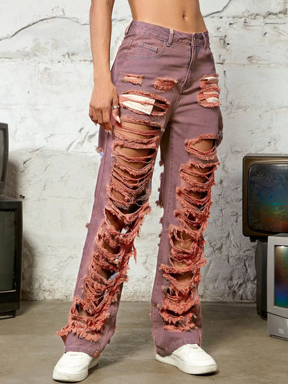 FZ Women's Street High Waist Slant Pocket Ripped Wide Straight Leg Denim Pants - FZwear