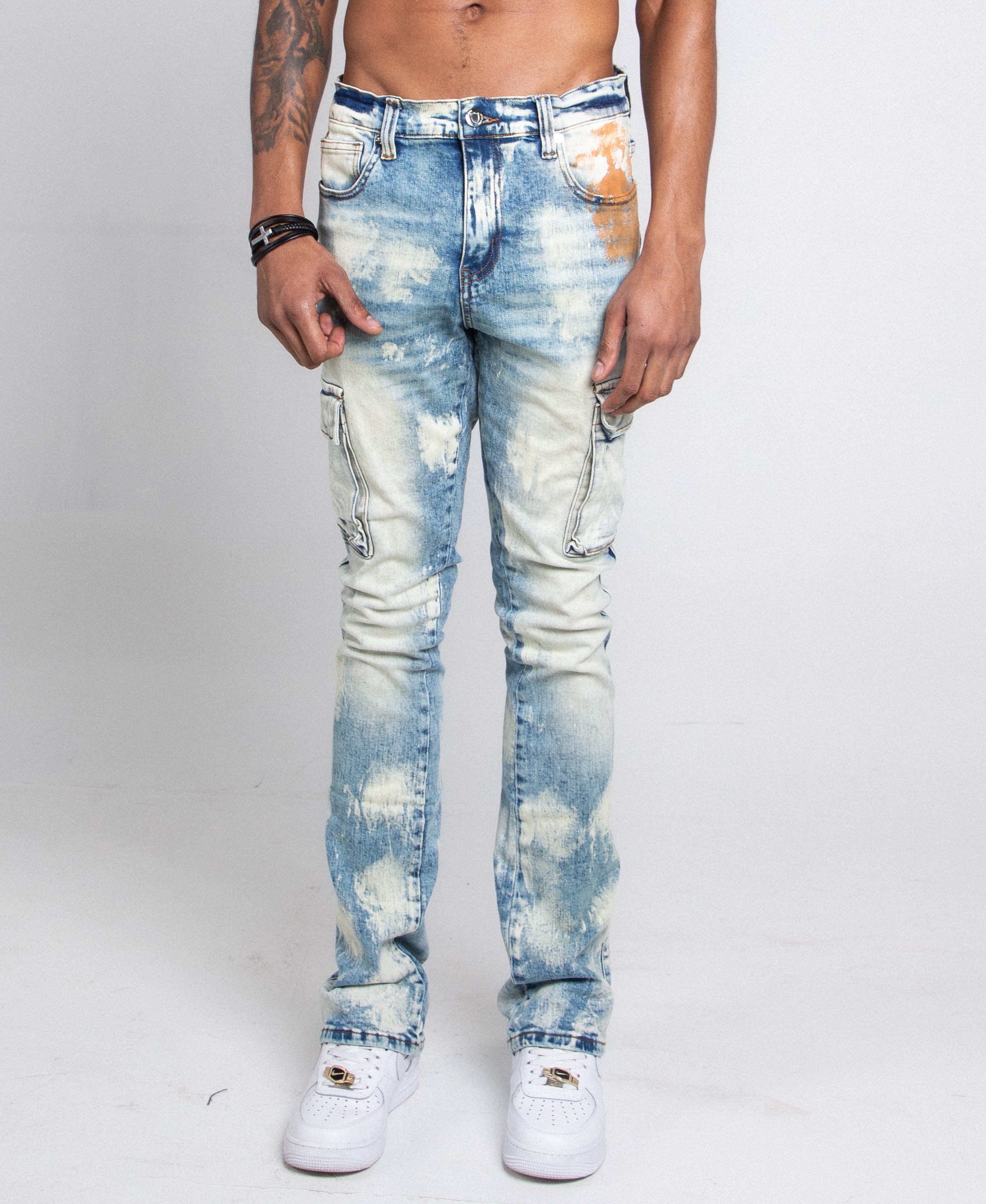 AJ29SK GREY/WHITE WASH STACKED CARGO JEANS PANTS