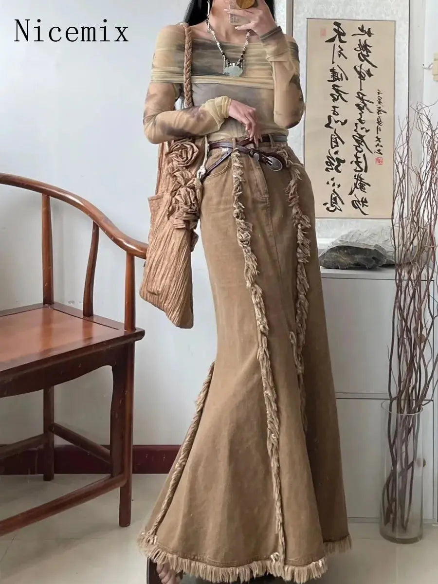 Autumn Fringe Denim Skirts for Women French Retro Khaki Brown Fishtail Skirt Spicy Girls High Waist Loose Causal Long Skirt FZwear