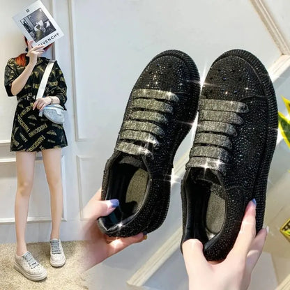 Autumn Spring Women Platform Shoes Rhinestones Thick-soled White Silver Shoes Shining Crystal Sneakers Trend Casual Sneakers FZwear