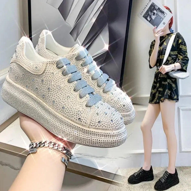 Autumn Spring Women Platform Shoes Rhinestones Thick-soled White Silver Shoes Shining Crystal Sneakers Trend Casual Sneakers FZwear