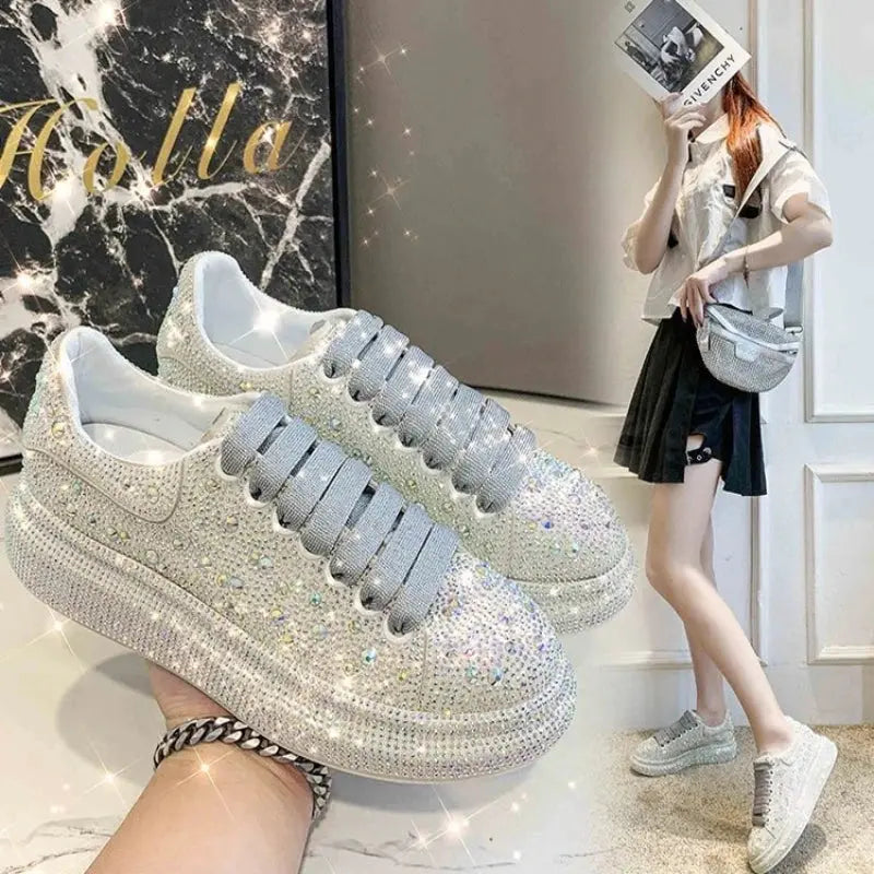 Autumn Spring Women Platform Shoes Rhinestones Thick-soled White Silver Shoes Shining Crystal Sneakers Trend Casual Sneakers FZwear