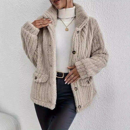 Autumn Winter Plush Button Cardigan Casual Coat Macado