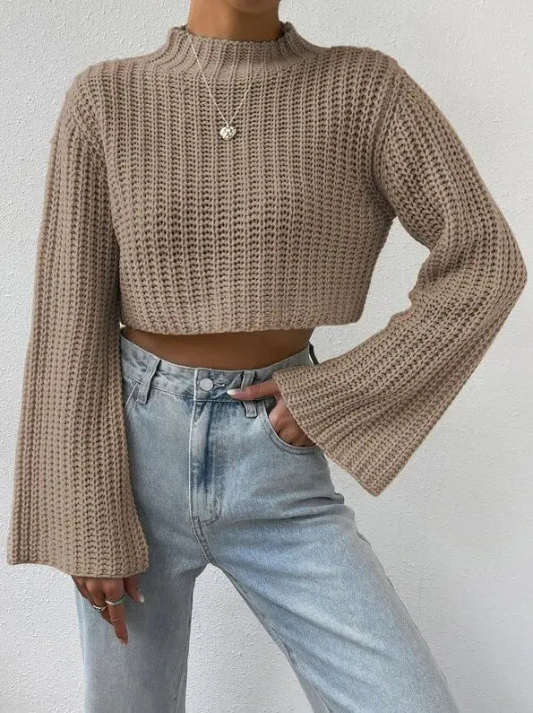 Autumn Winter Solid Color All Matching High Waist Short Bell Sleeve Half Turtleneck Pullover Women Zinnia