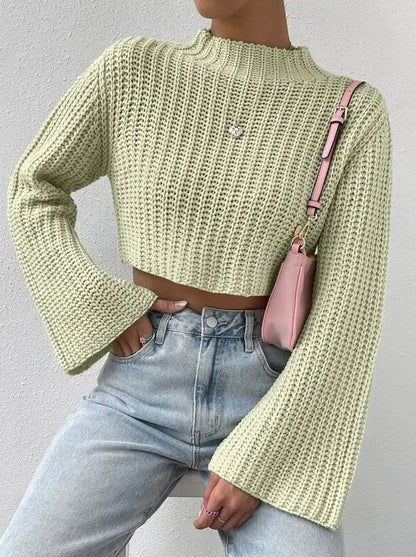 Autumn Winter Solid Color All Matching High Waist Short Bell Sleeve Half Turtleneck Pullover Women Zinnia