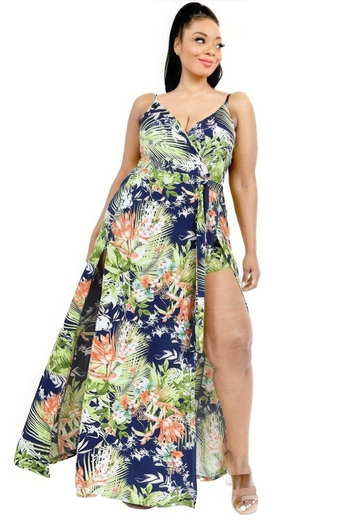 FZ Women's Plus Tropical Leaf Print Surplice Maxi Sun Dress - FZwear
