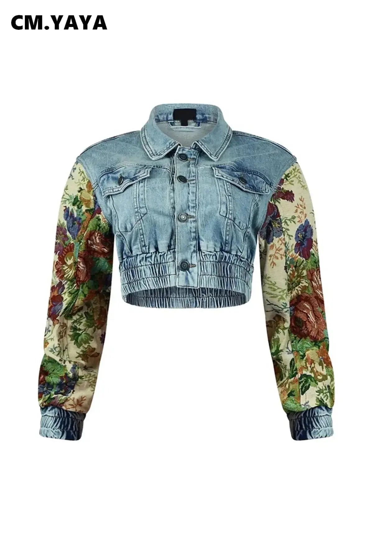 CM.YAYA Denim Women's Set Floral Patchwork Full Sleeve Button Fly Jacket and Ripped Jeans Pants Suit 2024 Two 2 Piece Set Outfit FZwear