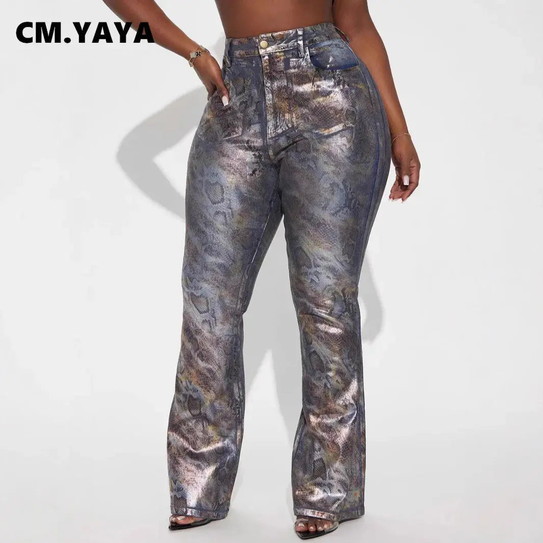 CM.YAYA Denim Women's Set Sleeveless Snakeskin grain Gold stamping tops and Jeans Pants Suit Elastic Two 2 Piece Set Outfits FZwear