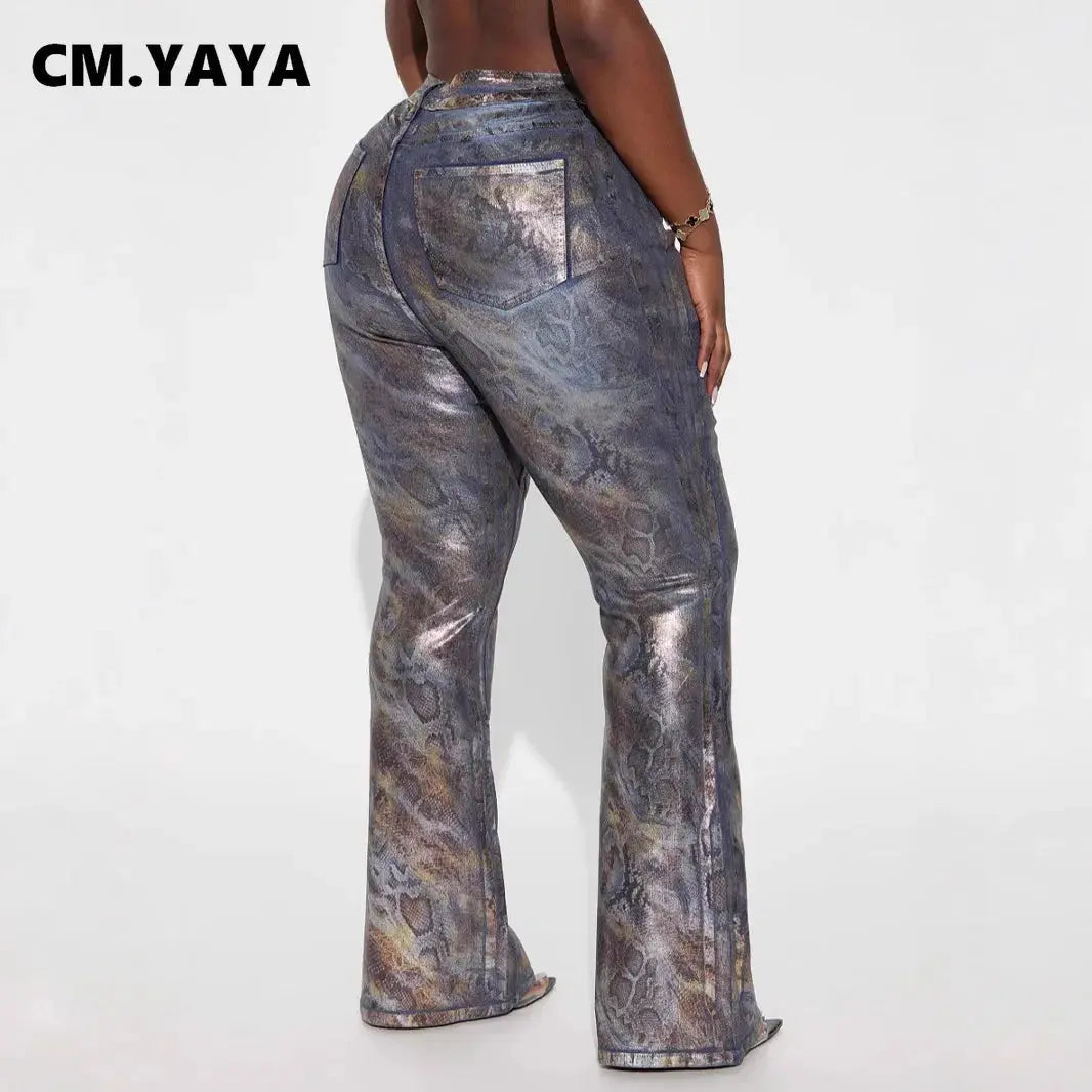 CM.YAYA Denim Women's Set Sleeveless Snakeskin grain Gold stamping tops and Jeans Pants Suit Elastic Two 2 Piece Set Outfits FZwear