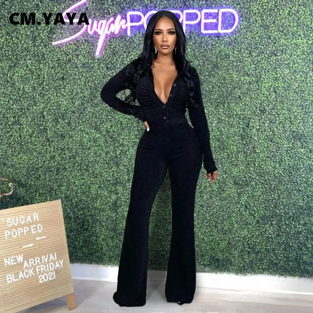 CM.YAYA Elegant Velvet Women Set Ruched Single Breasted Tunic Shirt and Flare Pants Suit Tracksuit Two Piece Set Fitness Outfits FZwear