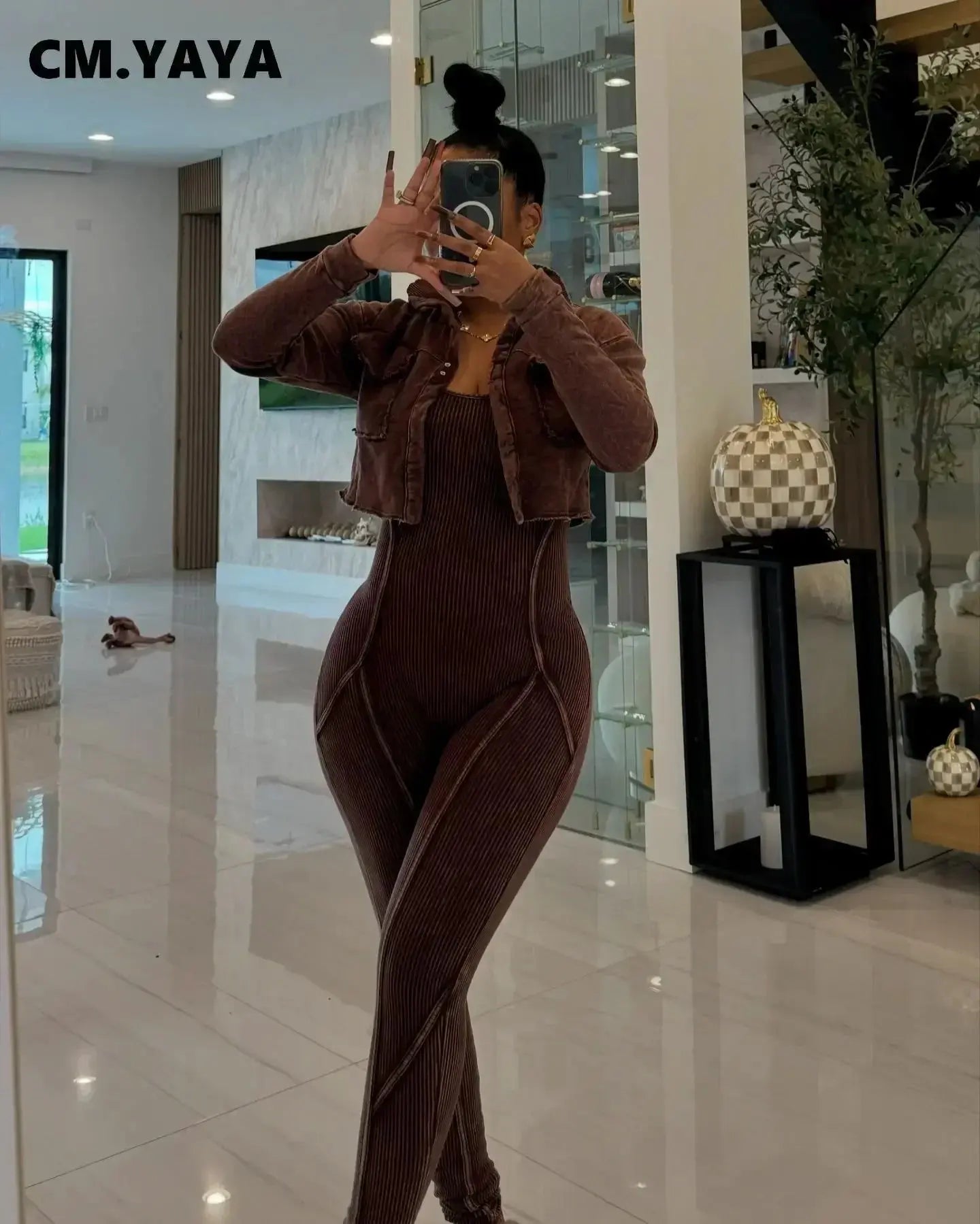 CM.YAYA Fashion Women's Set Washed Knitted Long Sleeve V-neck Coats+pencil Jumpsuits Active Two 2 Piece Set Outfits Tracksuit FZwear