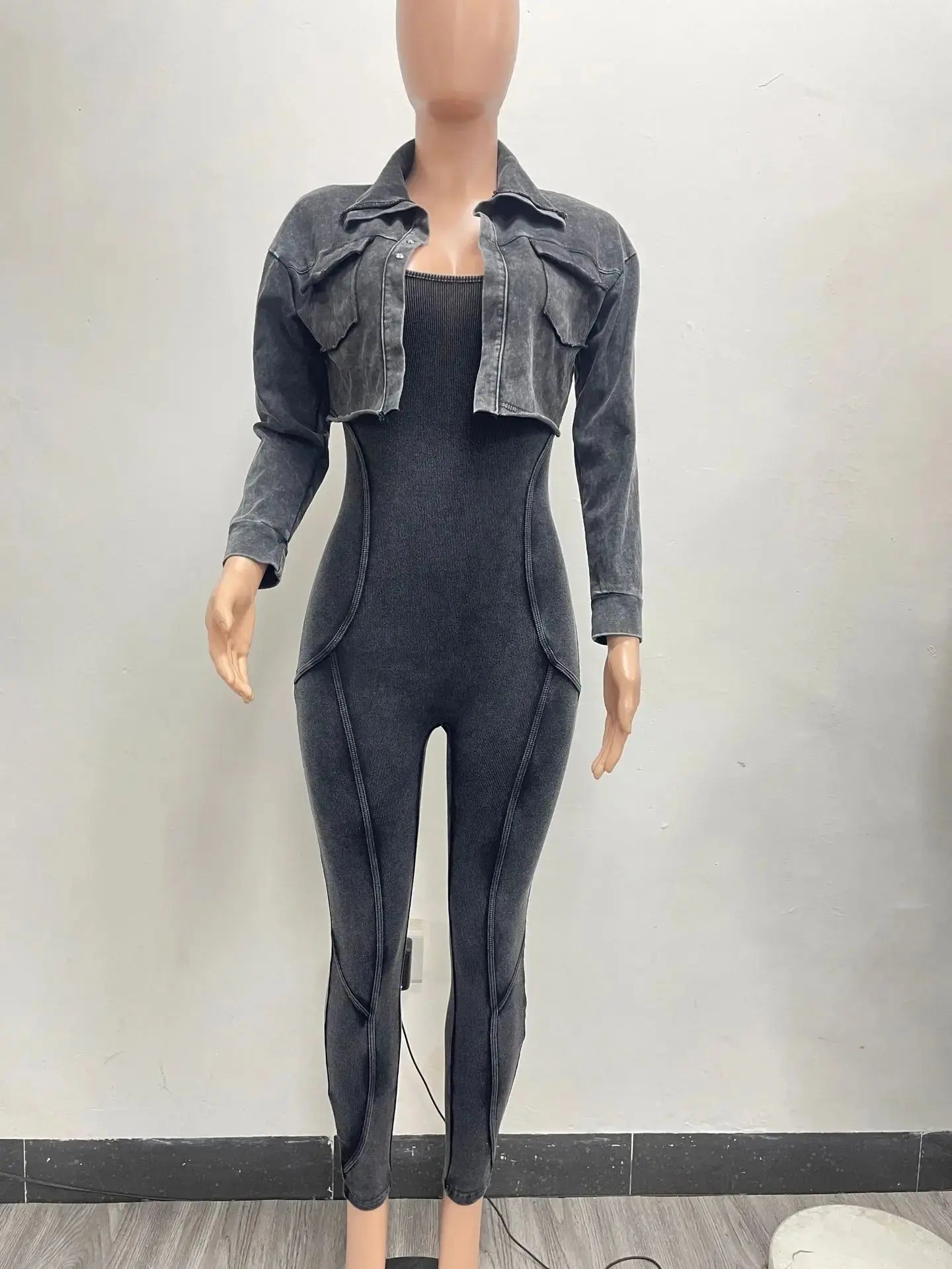 CM.YAYA Fashion Women's Set Washed Knitted Long Sleeve V-neck Coats+pencil Jumpsuits Active Two 2 Piece Set Outfits Tracksuit FZwear