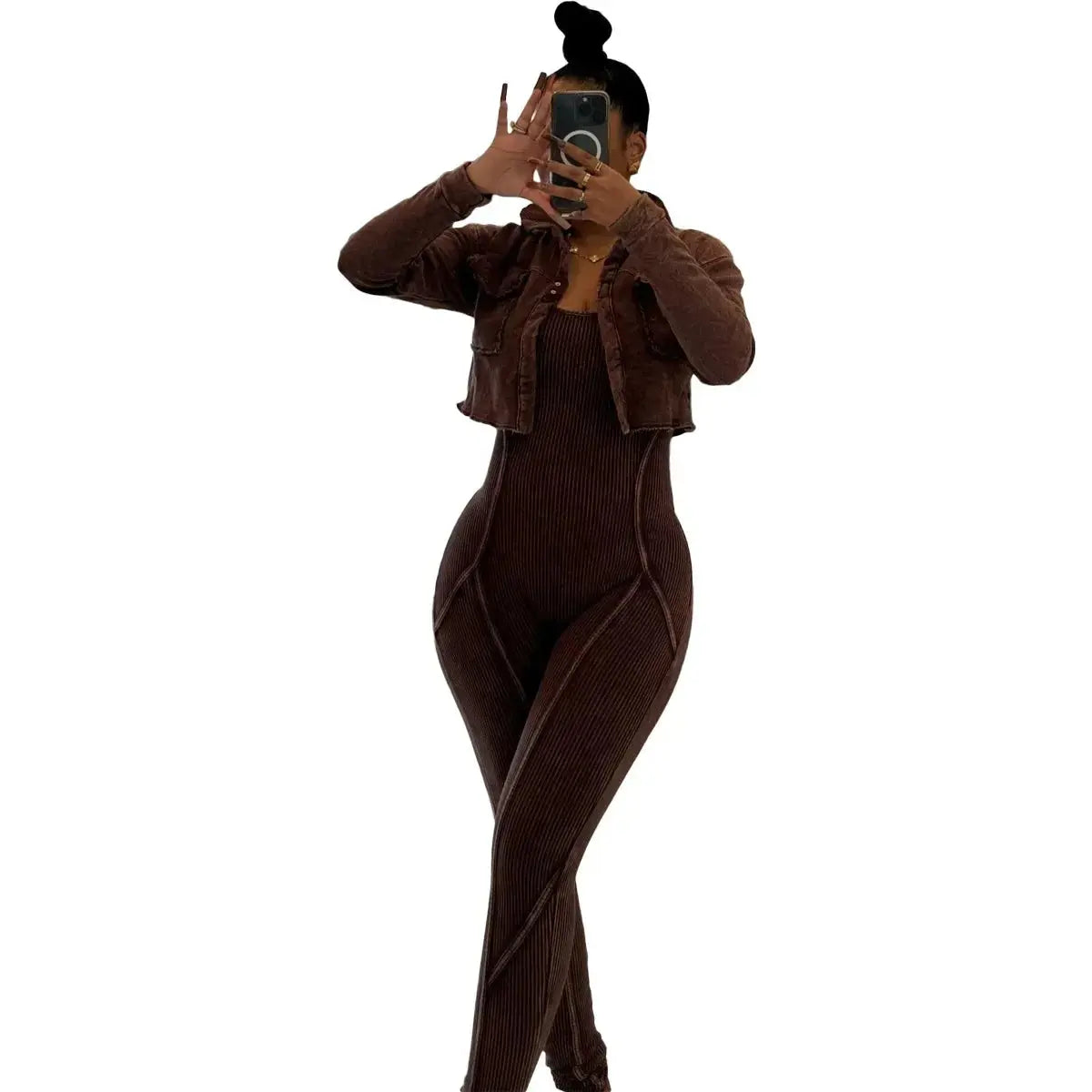 CM.YAYA Fashion Women's Set Washed Knitted Long Sleeve V-neck Coats+pencil Jumpsuits Active Two 2 Piece Set Outfits Tracksuit FZwear