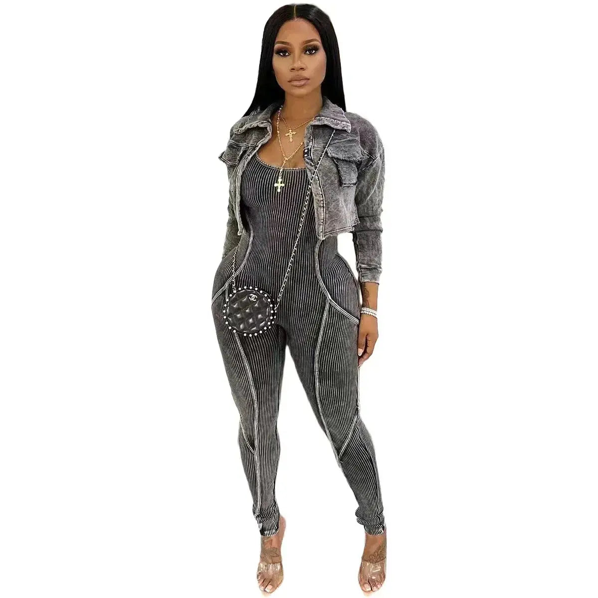 CM.YAYA Fashion Women's Set Washed Knitted Long Sleeve V-neck Coats+pencil Jumpsuits Active Two 2 Piece Set Outfits Tracksuit FZwear