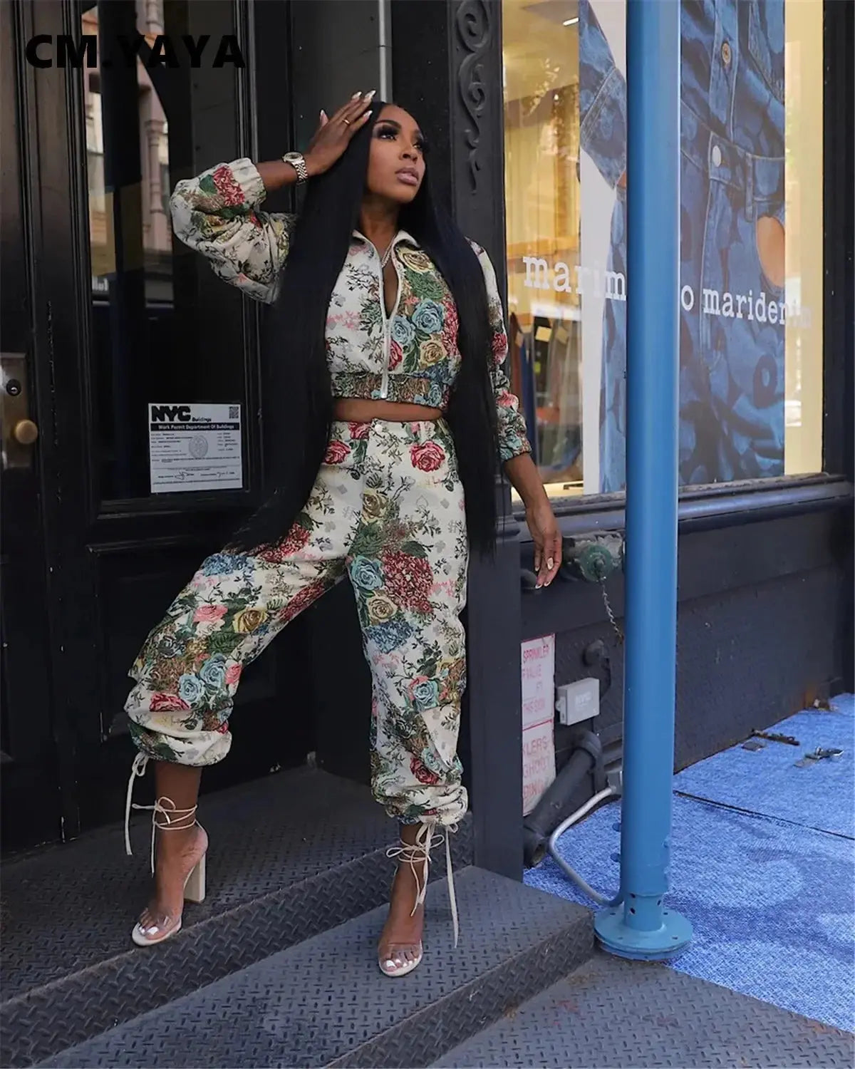 CM.YAYA Floral Print Women's Set Full Sleeve Jacket and Wide Leg Pocket Pants Cargo Street Two 2 Piece Set Outfit 2024 Tracksuit FZwear