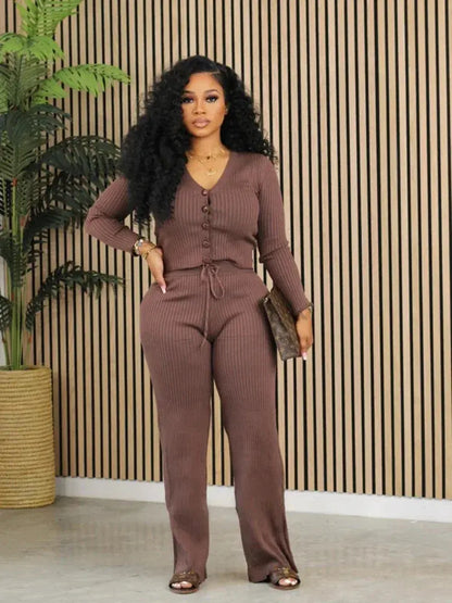 FZ Women's Long Sleeve Straight Wide Leg Two Piece Pants Suit