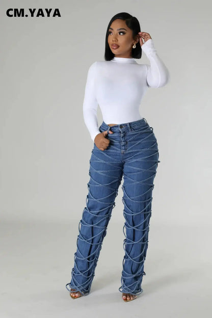 CM.YAYA Street Lace Up Denim Pants for Women High Waist Zipper Fly Jeans 2024 Fall Trousers Streetwear Straight Party Pants FZwear