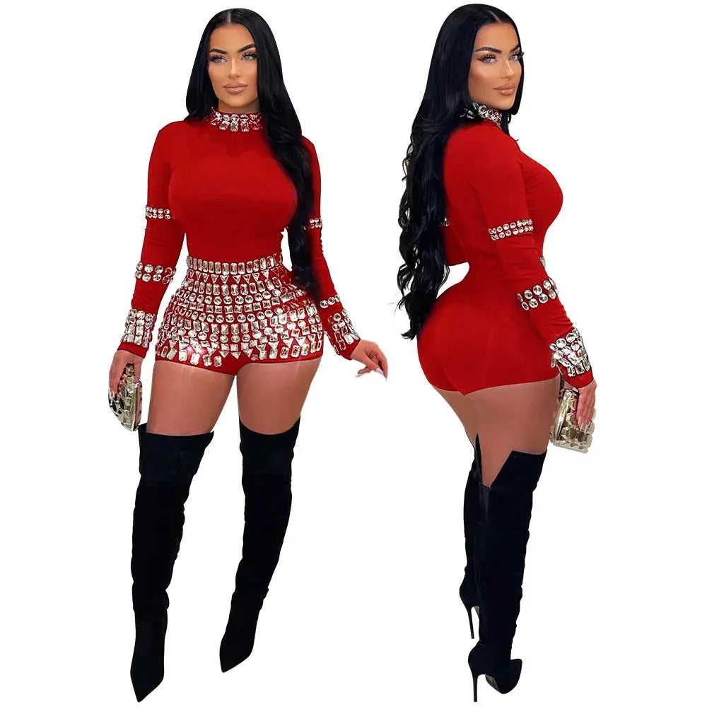 CM.YAYA Women Diamonds Hot Rhinestones Long Sleeve Short Jumpsuits 2024 Summer Sexy Party Club One Piece Suit Rompers Playsuits FZwear