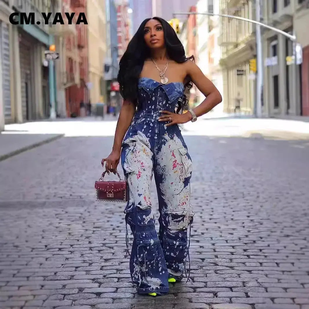 CM.YAYA Women Graffiti Multi Pocket Denim Cargo Safari Wide Leg Straight Jumpsuit 2024 Autumn One Piece Suit Romper Playsuits FZwear