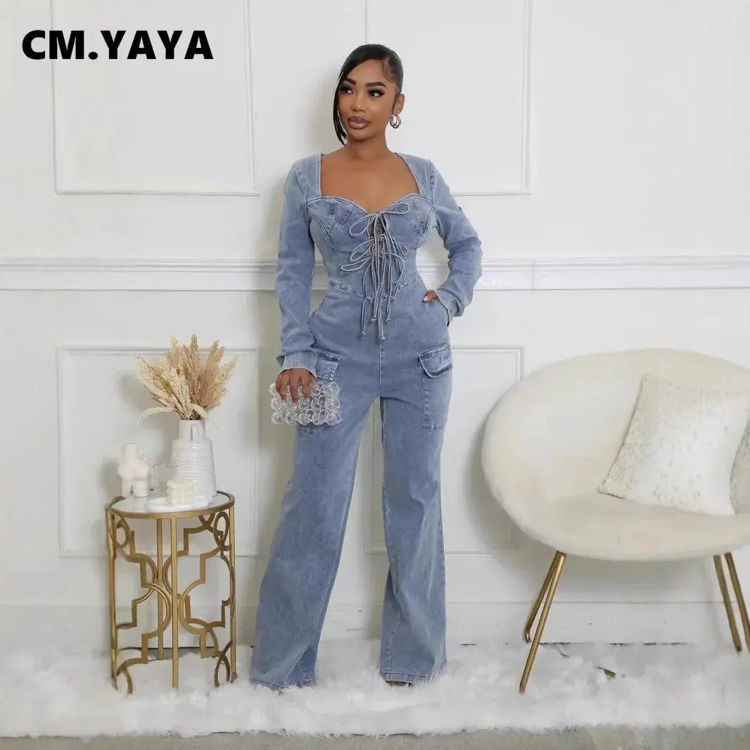 CM.YAYA Women Tie Up Plunging V-neck Cutout Back Denim Washed Long Sleeve Jumpsuits 2024 Oufits Club One Piece Jeans Rompers FZwear