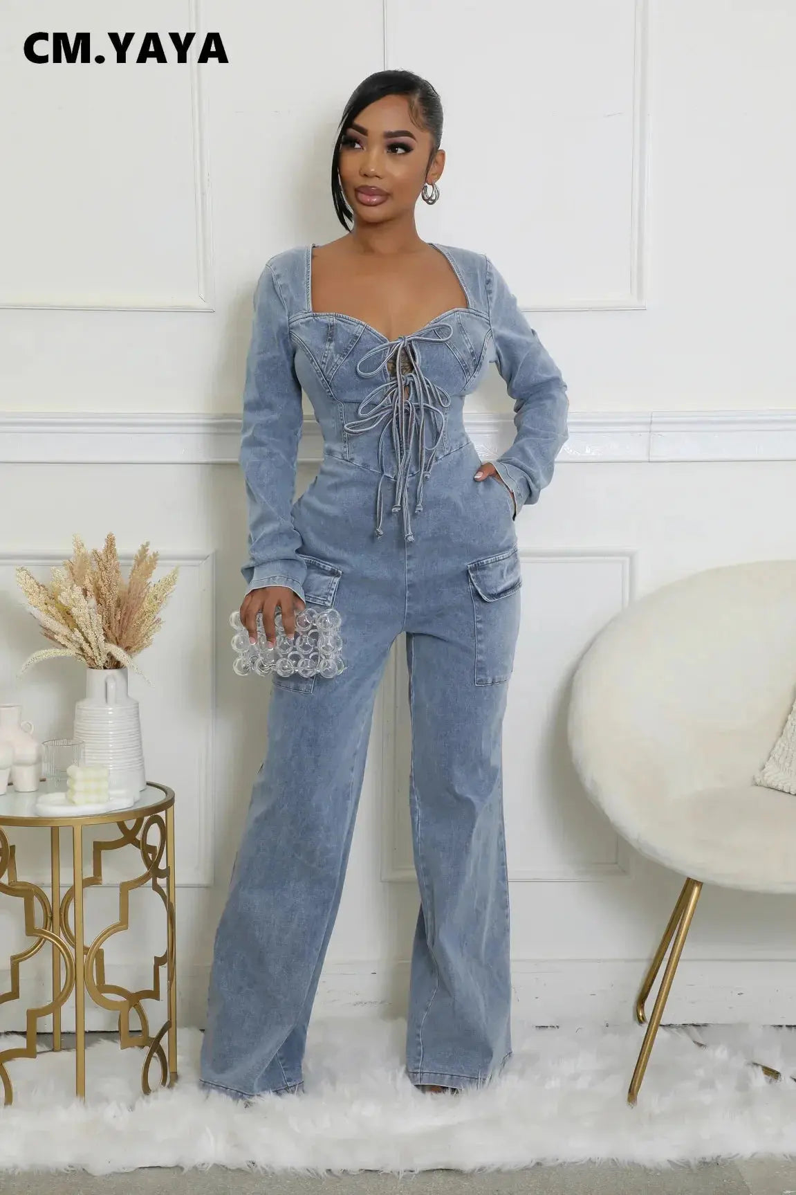 CM.YAYA Women Tie Up Plunging V-neck Cutout Back Denim Washed Long Sleeve Jumpsuits 2024 Oufits Club One Piece Jeans Rompers FZwear