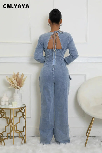 CM.YAYA Women Tie Up Plunging V-neck Cutout Back Denim Washed Long Sleeve Jumpsuits 2024 Oufits Club One Piece Jeans Rompers FZwear