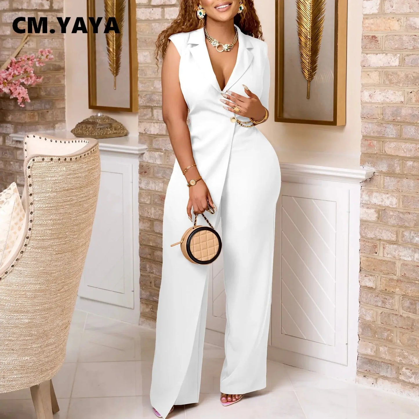 CM.YAYA Women Wide Leg V-Neck Sleeveless Jumpsuits Waist Chain 2024 Summer OL Beach Night Club Playsuit One Piece Suit Romper FZwear