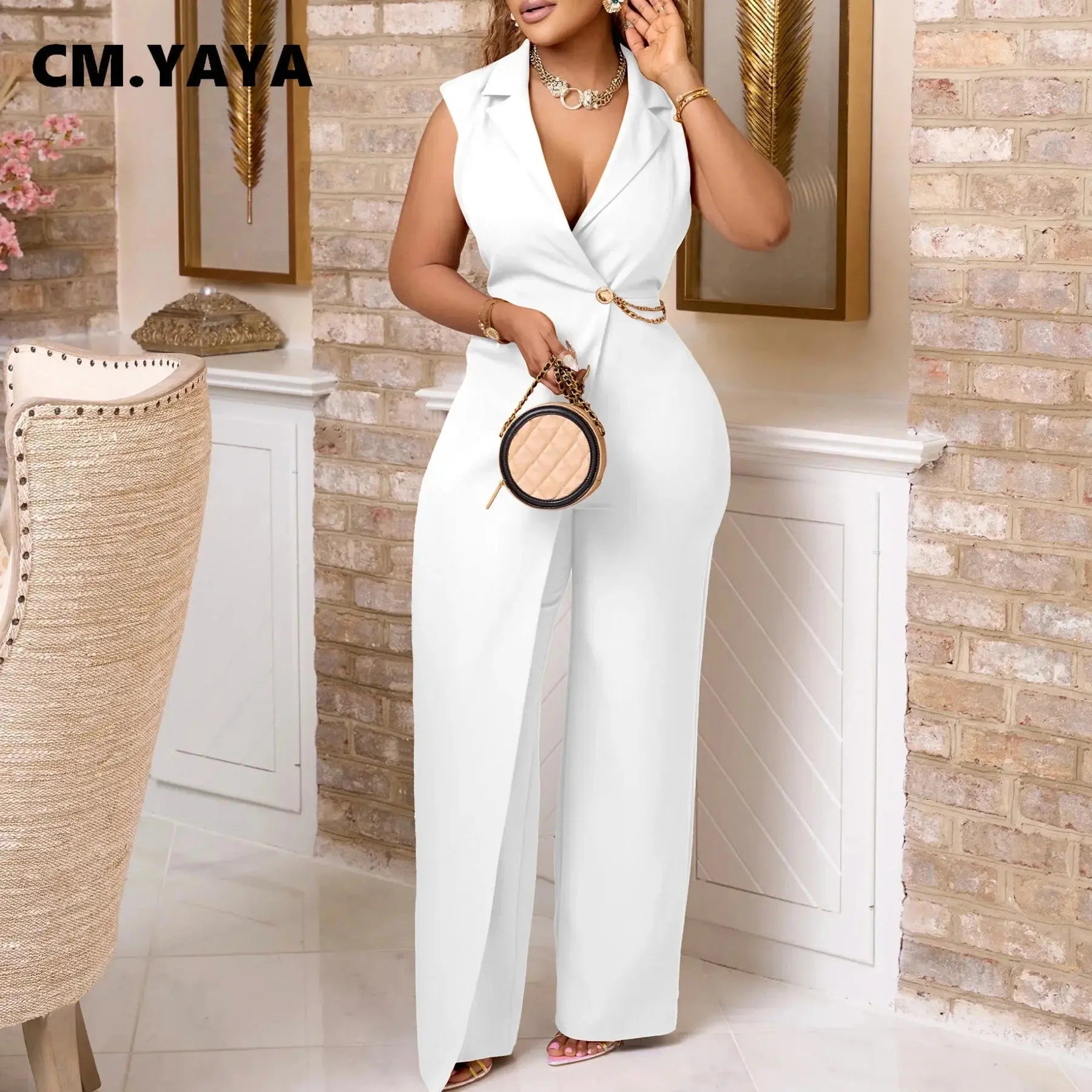 CM.YAYA Women Wide Leg V-Neck Sleeveless Jumpsuits Waist Chain 2024 Summer OL Beach Night Club Playsuit One Piece Suit Romper FZwear