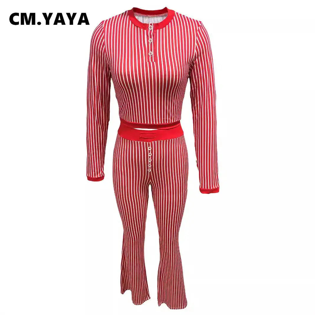 CM.YAYA Women's Set Long Sleeve Striped Crop T-shirt + Flare Pants Active Fitness Streetwear Two 2 Piece Sets Outfits Tracksuit FZwear