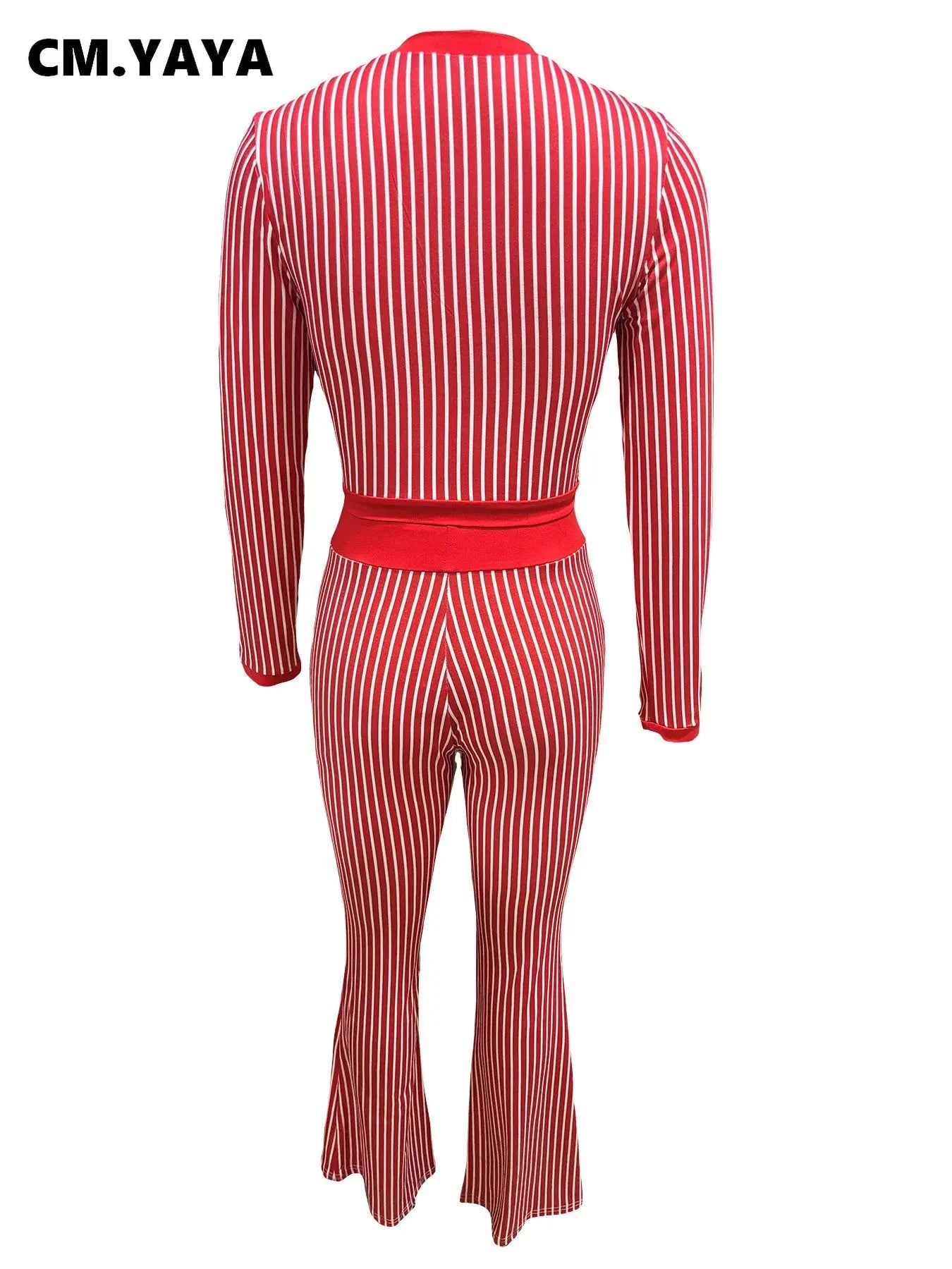 CM.YAYA Women's Set Long Sleeve Striped Crop T-shirt + Flare Pants Active Fitness Streetwear Two 2 Piece Sets Outfits Tracksuit FZwear