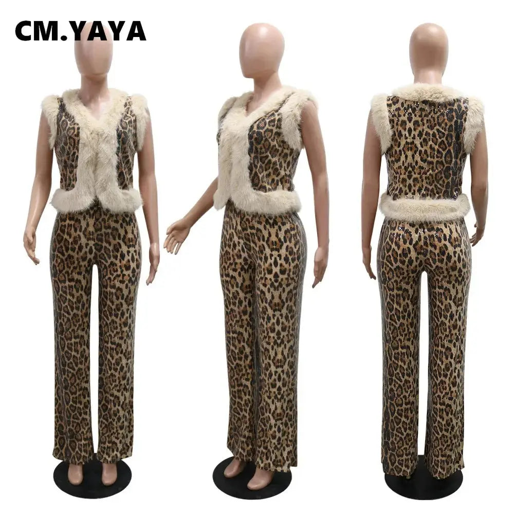 CM.YAYA Women's Set Sleeveless Fur Leopard Sequined V-neck Wool Vest and Pant Suits 2024 Street Two 2 Piece Set Outfit Tracksuit FZwear