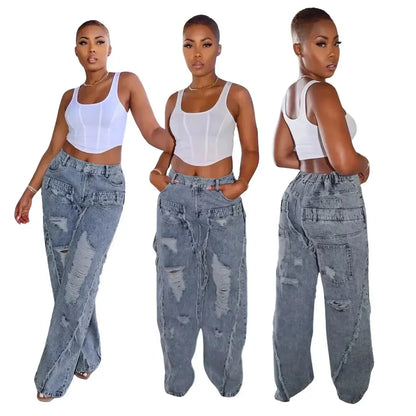 Casual Ripped Cargo Y2K Denim Pants with Pocket Streetwear Jeans High Waist Trousers 2023 Women Winter Clothe Ripped Baggy Pants FZwear