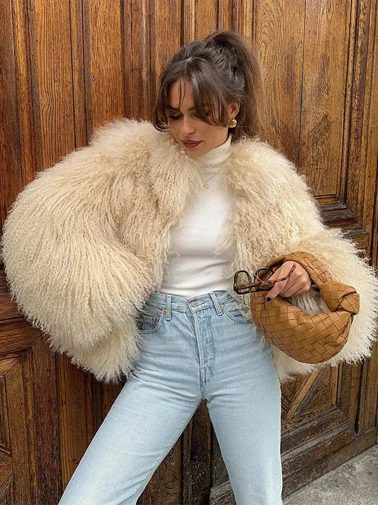 Chic Fluffy Faux Fur Women's Warm Cropped Coat Elegant Long Sleeve Thick Thermal Furry Jacket 2024 New Winter Fashion Streetwear FZwear