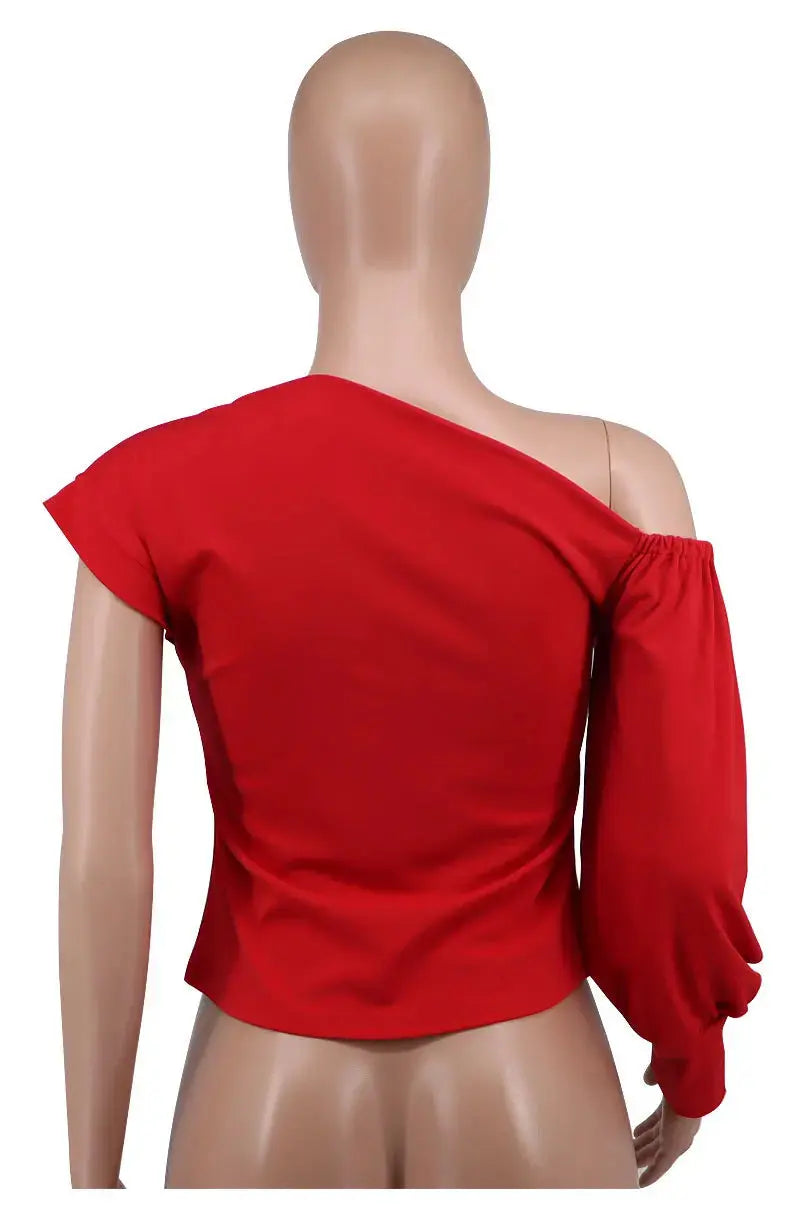 Clothing 2023 Elegant One Shoulder Solid Color Casual Top T-shirt One Long Lantern Sleeve Skew Neck Party Prom Street Tee Tops FZwear