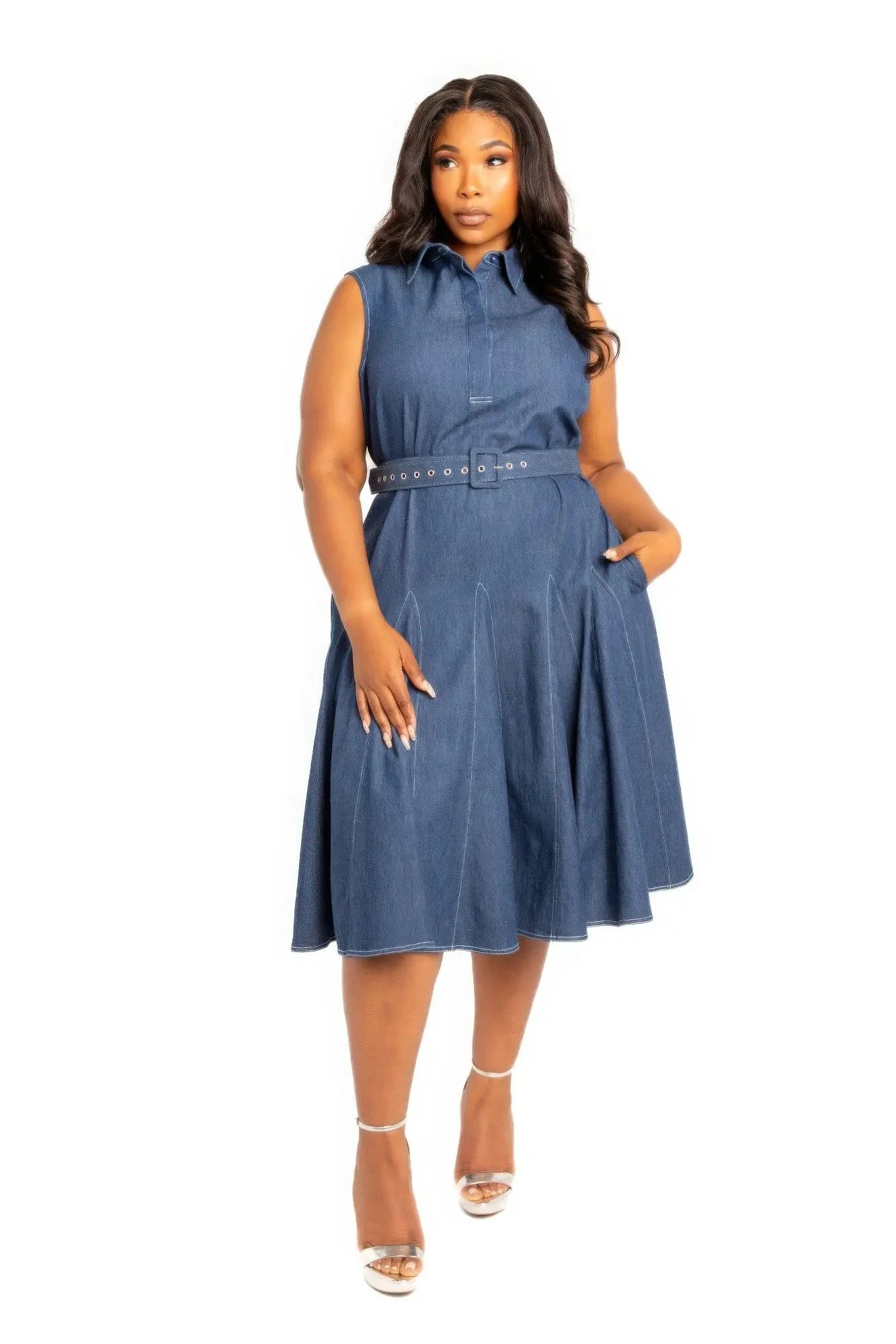 Contrast stitch washed denim shirt dress with belt CCWHOLESALECLOTHING