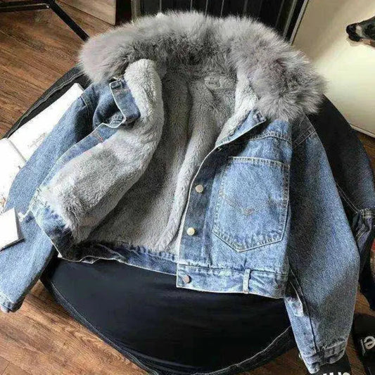 Crop Female Jeans Coat Padded Warm Short with Fur Plush Winter 2024 for Cold Women's Denim Jackets Small Wool Inside Outerwears FZwear