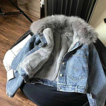 Crop Female Jeans Coat Padded Warm Short with Fur Plush Winter 2024 for Cold Women's Denim Jackets Small Wool Inside Outerwears FZwear