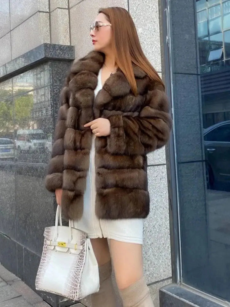 DEAT Fashion Faux Fur Coat Women's Lapel Loose Patchwork Long Sleeves Brown Plush Imitation Mink Jacket Winter 2024 New 7AB6367 FZwear