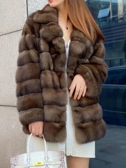 DEAT Fashion Faux Fur Coat Women's Lapel Loose Patchwork Long Sleeves Brown Plush Imitation Mink Jacket Winter 2024 New 7AB6367 FZwear