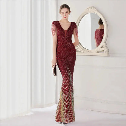 DEERVEADO Elegant V Neck Mermaid Evening Dress Long Luxury Beads Women Evening Party Dresses 2023 New Formal Dress 19085 FZwear