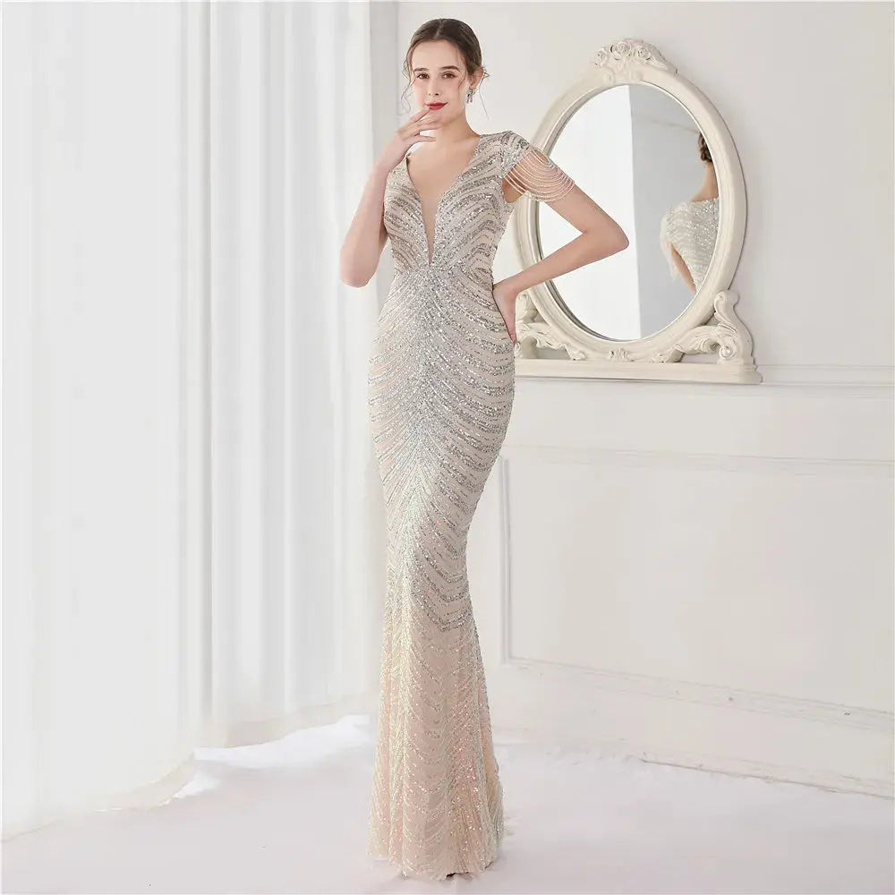 DEERVEADO Elegant V Neck Mermaid Evening Dress Long Luxury Beads Women Evening Party Dresses 2023 New Formal Dress 19085 FZwear