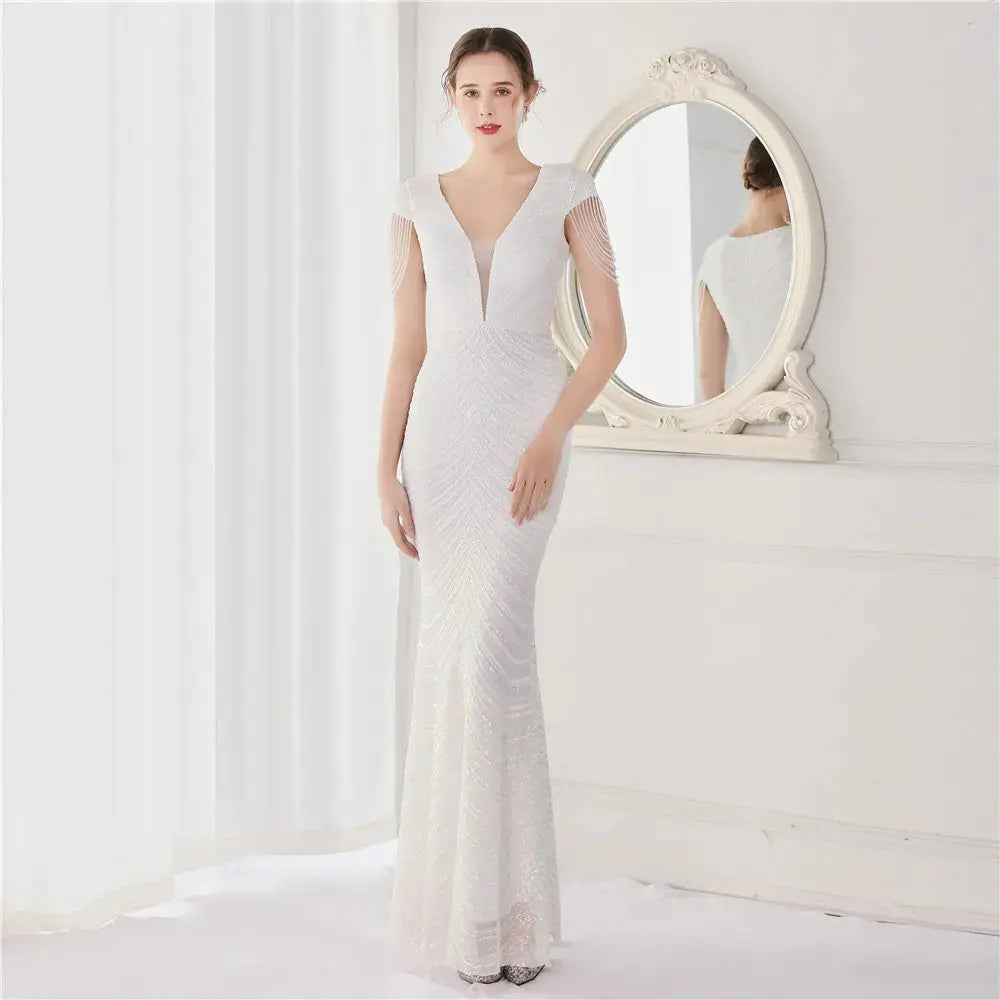 DEERVEADO Elegant V Neck Mermaid Evening Dress Long Luxury Beads Women Evening Party Dresses 2023 New Formal Dress 19085 FZwear