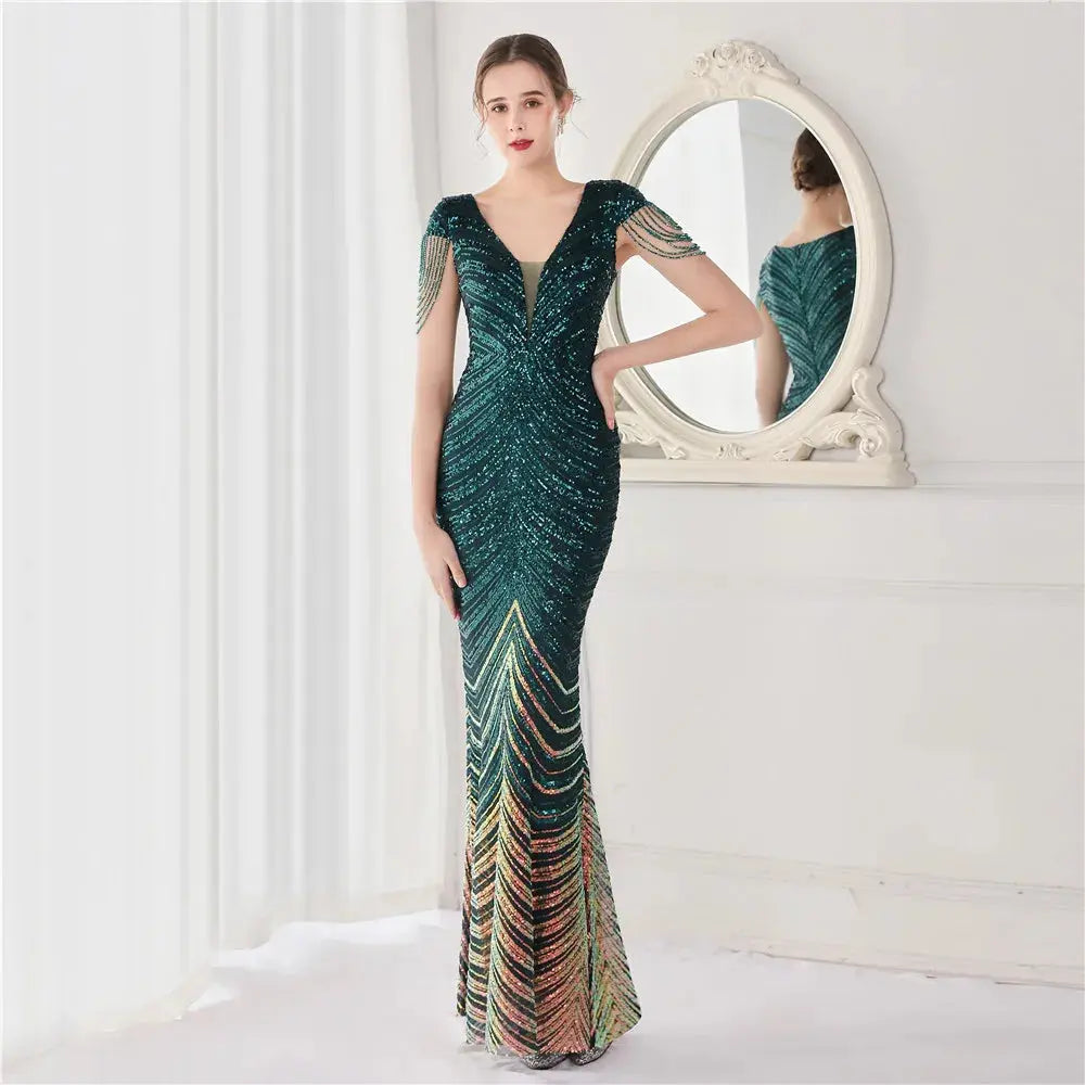 FZ Women's V Neck Mermaid Long Luxury Beads Evening Dress