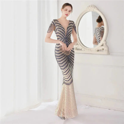 FZ Women's V Neck Mermaid Long Luxury Beads Evening Dress