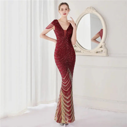 FZ Women's V Neck Mermaid Long Luxury Beads Evening Dress