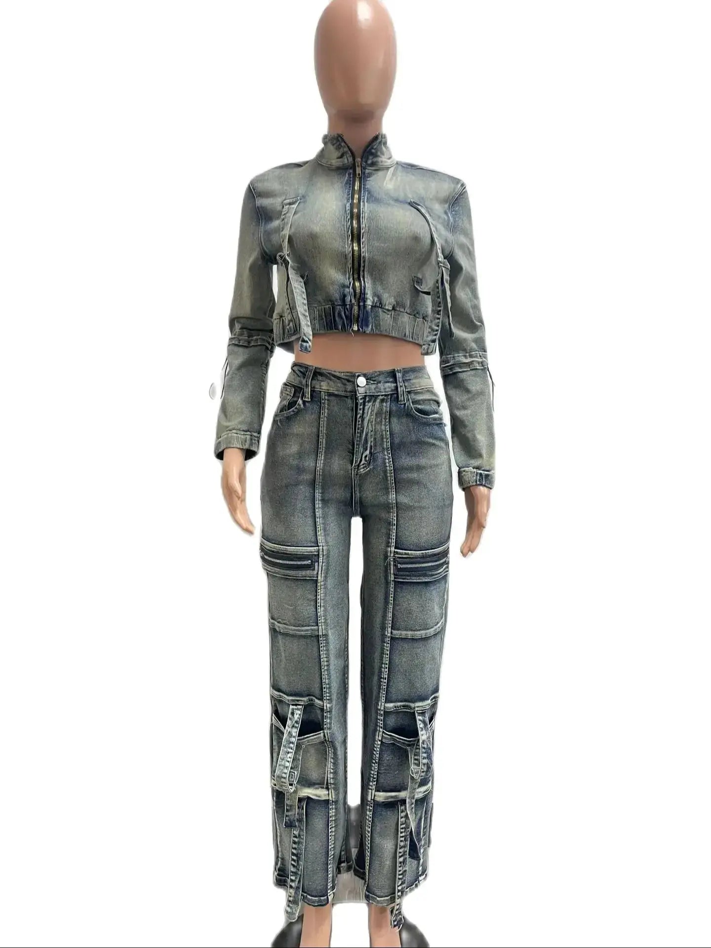 Denim Cropped Jackets 2 Piece Pant Set Sexy Outfits Y2K Streetwear 2024 Women Fall Winter Clothes Denim Jean Pant Two Piece Sets FZwear
