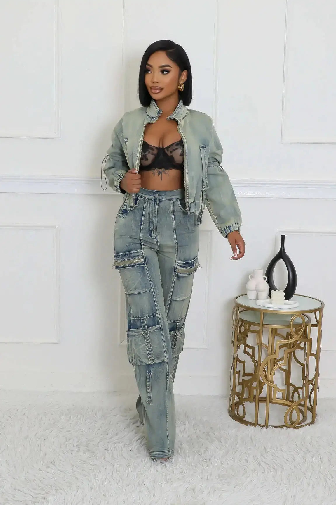 Denim Cropped Jackets 2 Piece Pant Set Sexy Outfits Y2K Streetwear 2024 Women Fall Winter Clothes Denim Jean Pant Two Piece Sets FZwear