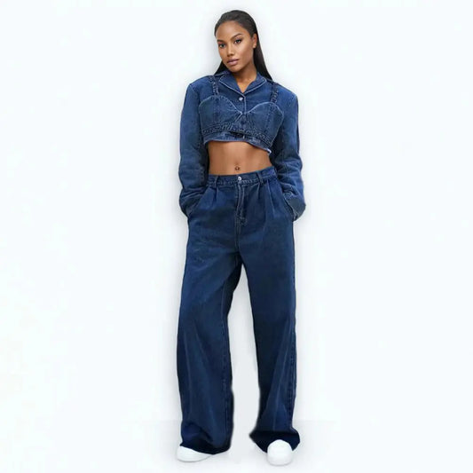 Denim Three Piece Sets For Women Lapel Long Sleeve Coats Sleeveless Camisole High Waist Jeans Streetwear Sets Female FZwear