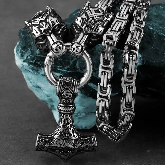 Domineering Men's Thor Hammer Set Pendant Necklace Stainless Steel Nordic Popular Jewelry Wholesale FZwear