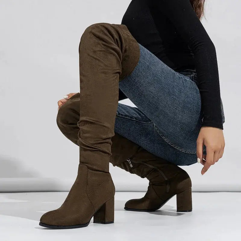 Eilyken 2024 New Winter Zipper Women Over-the-Knee Boots Fashion Flock Square Heel Shoes Thigh High Long Botas De Mujer FZwear